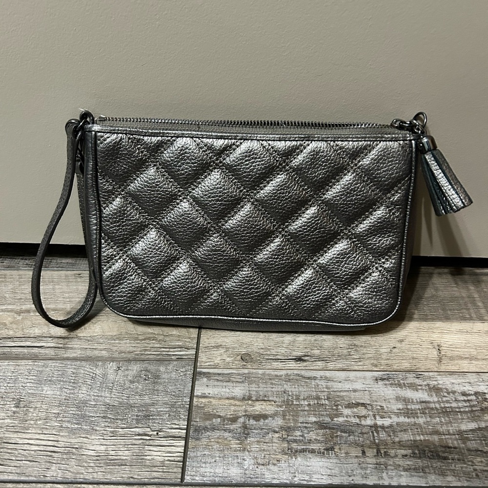 Cole Haan Genuine Leather Quilted Metallic Wristlet Clutch - Silver tassel zip